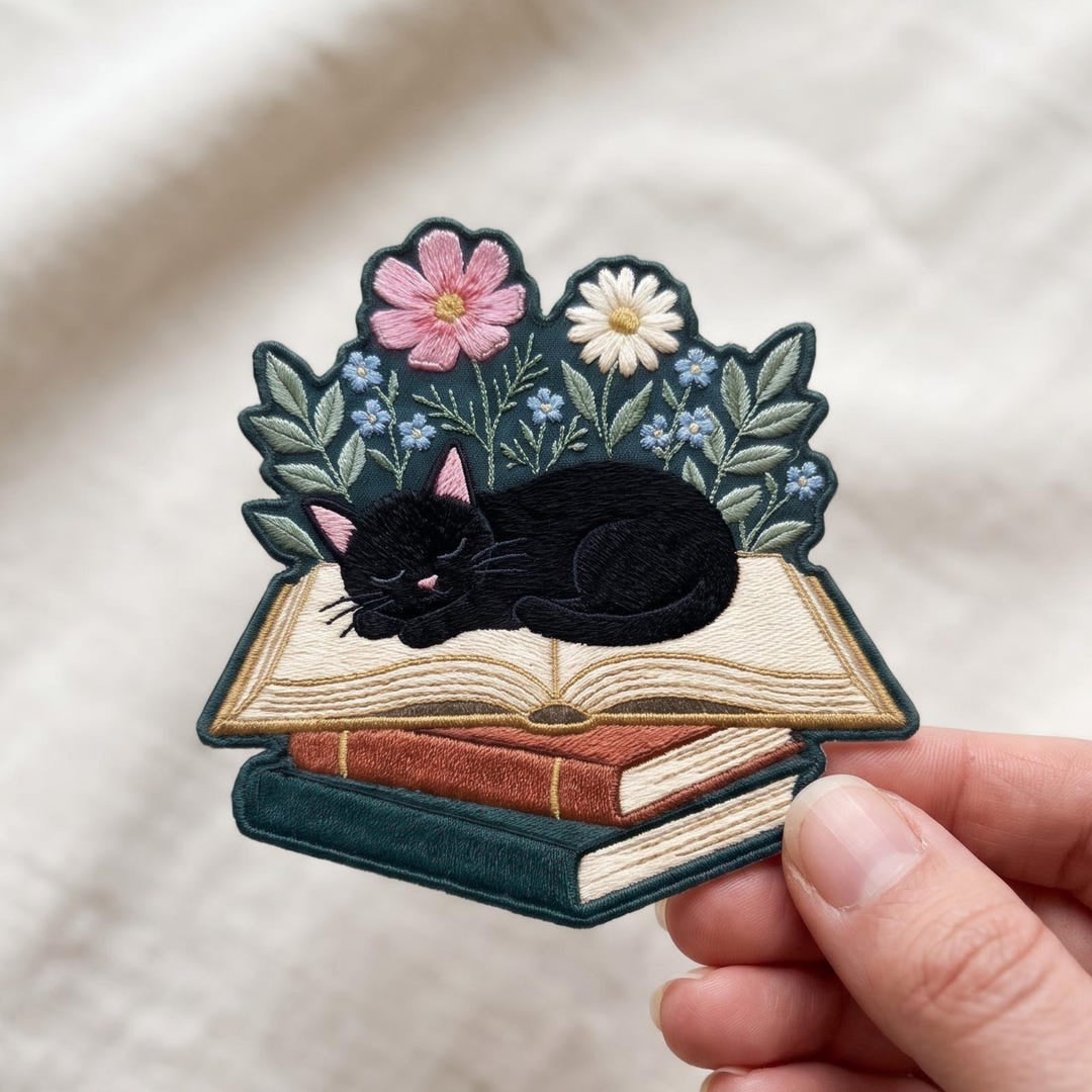 Black Cat Sleeping on Books Wildflowers Botanical Iron On Embroidered Patch — Iron-on patch
