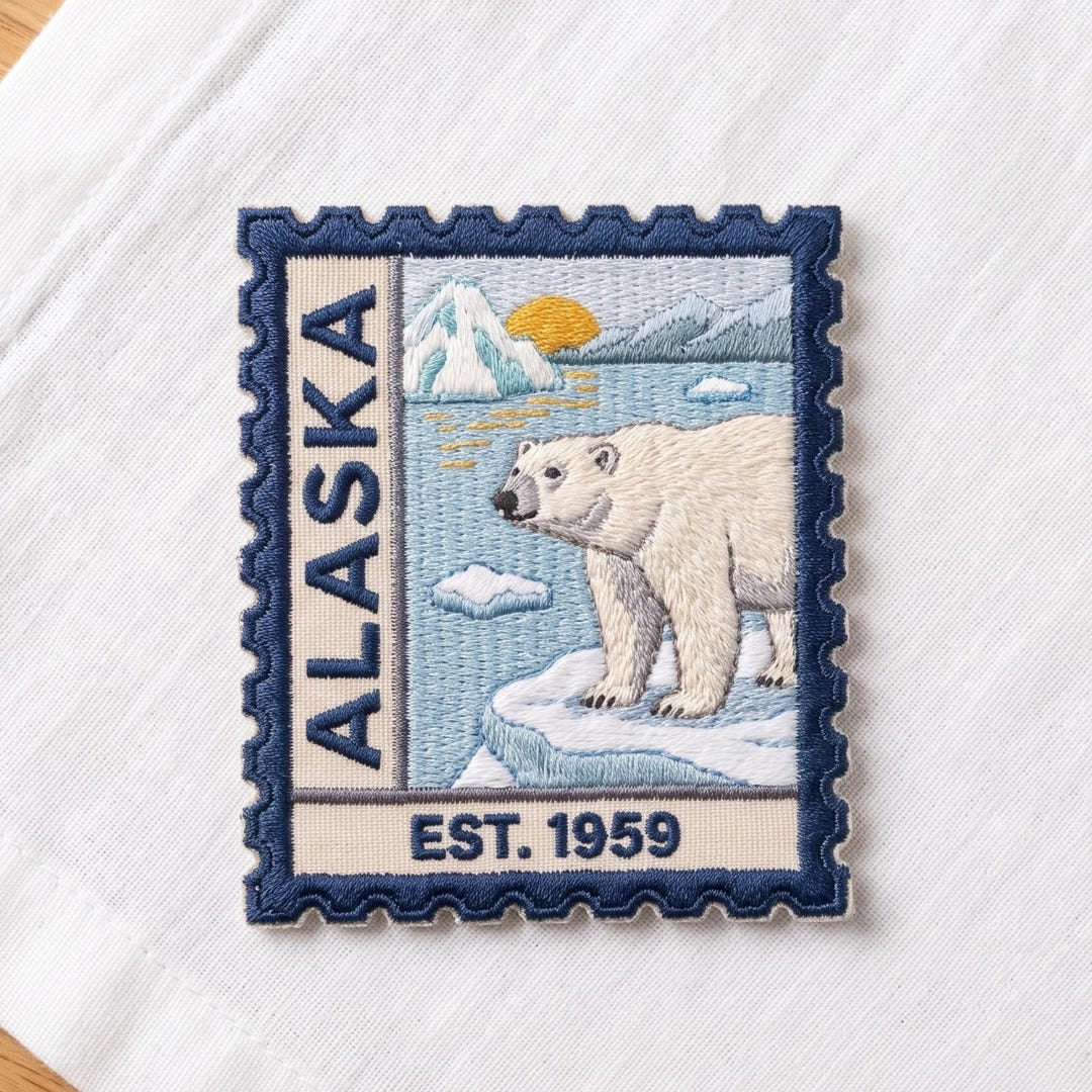 Alaska Polar Bear Glacier Stamp Est 1959 Iron On Embroidered Patch — Iron-on patch