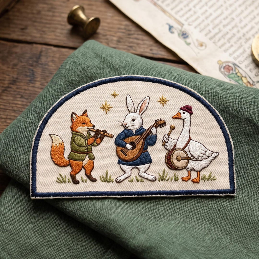 Medieval Animal Musicians Fox Rabbit Goose Folk Band Iron On Embroidered Patch — Iron-on patch