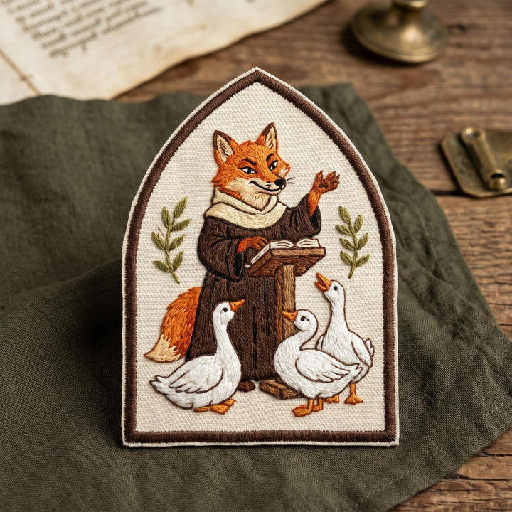 Medieval Fox Preacher With Geese Marginalia Iron On Embroidered Patch — Iron-on patch