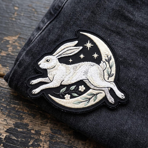 Leaping White Hare Crescent Moon Floral Stars Celestial Iron On Embroidered Patch — Iron-on patch