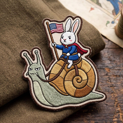 Rabbit Riding Snail Medieval Whimsical Animal American Flag Iron On Embroidered Patch — Iron-on patch