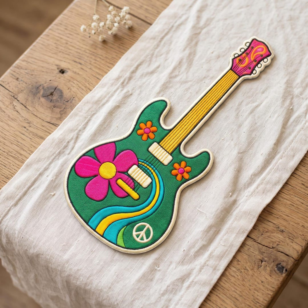 Psychedelic Hippie Guitar Flowers Peace Sign Retro 70s Groovy Iron On Embroidered Patch — Iron-on patch