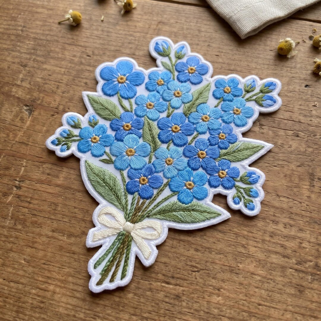 Forget Me Not Blue Flower Bouquet Bow Iron On Embroidered Patch — Iron-on patch