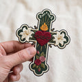 Sacred Heart Cross Floral Lily Rose Iron On Embroidered Patch — Iron-on patch
