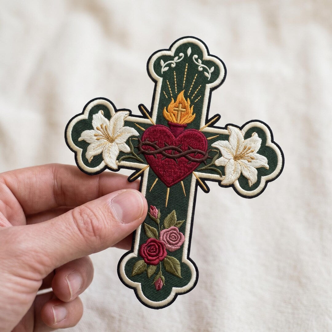 Sacred Heart Cross Floral Lily Rose Iron On Embroidered Patch — Iron-on patch