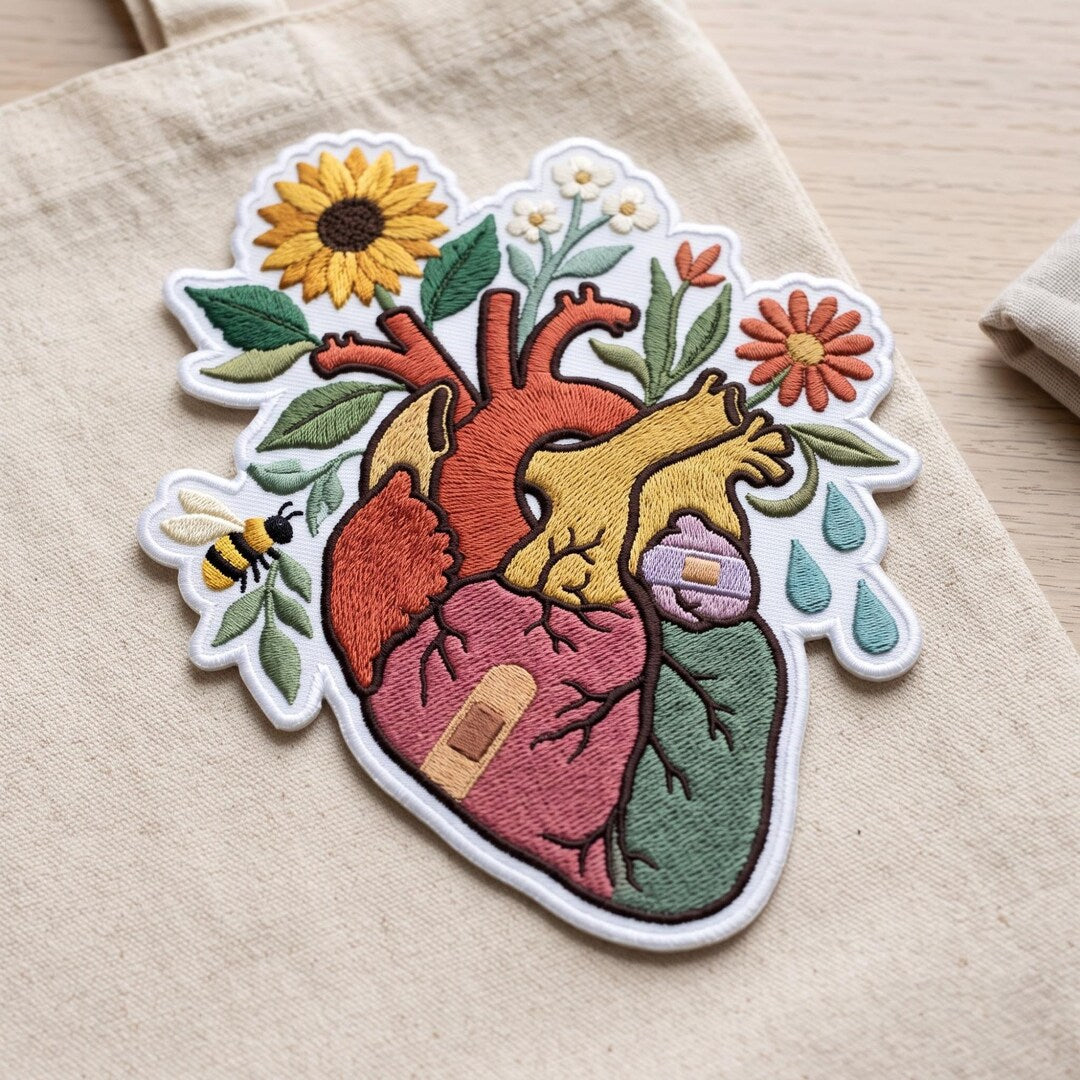 Anatomical Floral Heart Sunflower Bee Bandage Iron On Embroidered Patch — Iron-on patch