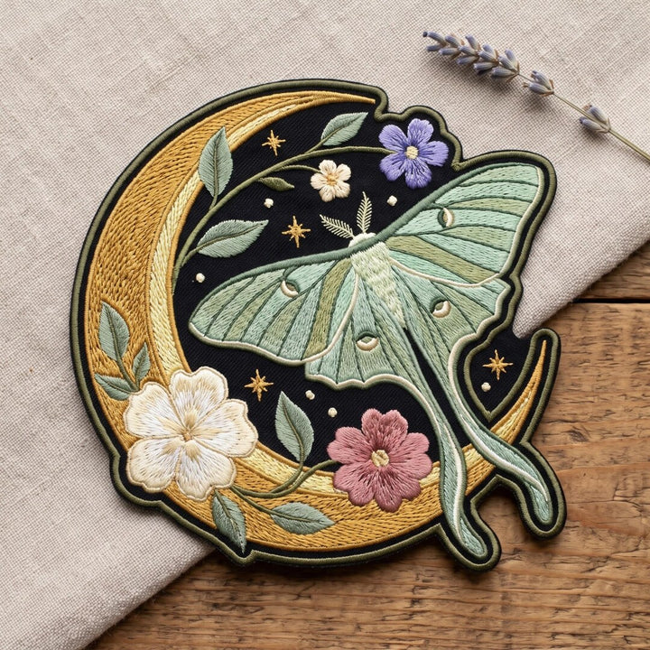 Luna Moth Crescent Moon Botanical Wildflower Stars Iron On Embroidered Patch — Iron-on patch