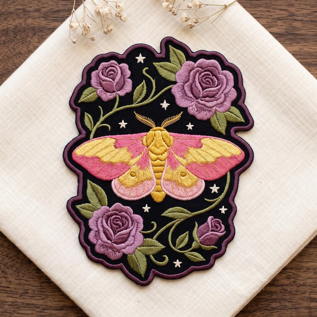 Rosy Maple Moth Purple Roses Botanical Stars Iron On Embroidered Patch — Iron-on patch