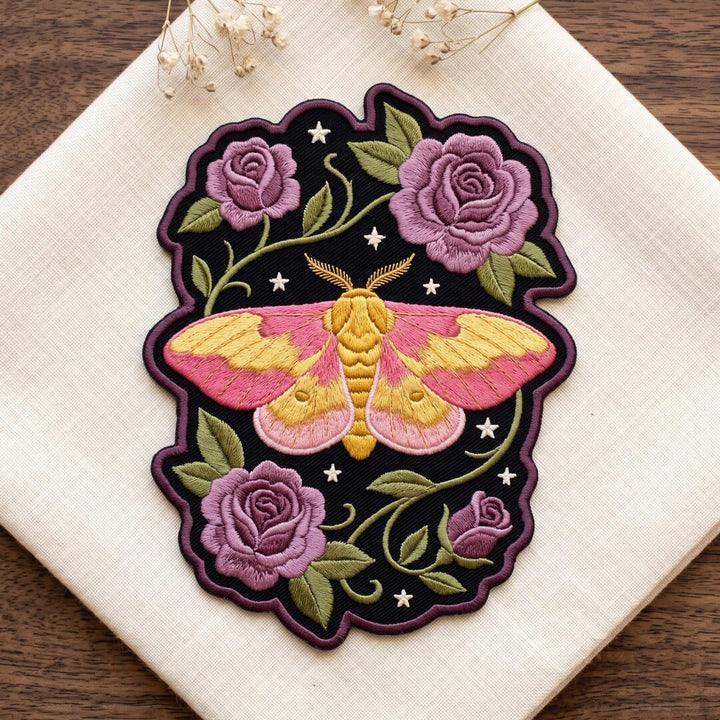 Rosy Maple Moth Purple Roses Botanical Stars Iron On Embroidered Patch — Iron-on patch