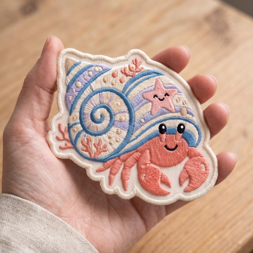 Cute Hermit Crab Pastel Seashell Starfish Ocean Animal Iron On Embroidered Patch — Iron-on patch