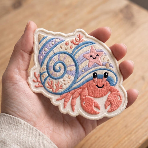 Cute Hermit Crab Pastel Seashell Starfish Ocean Animal Iron On Embroidered Patch — Iron-on patch