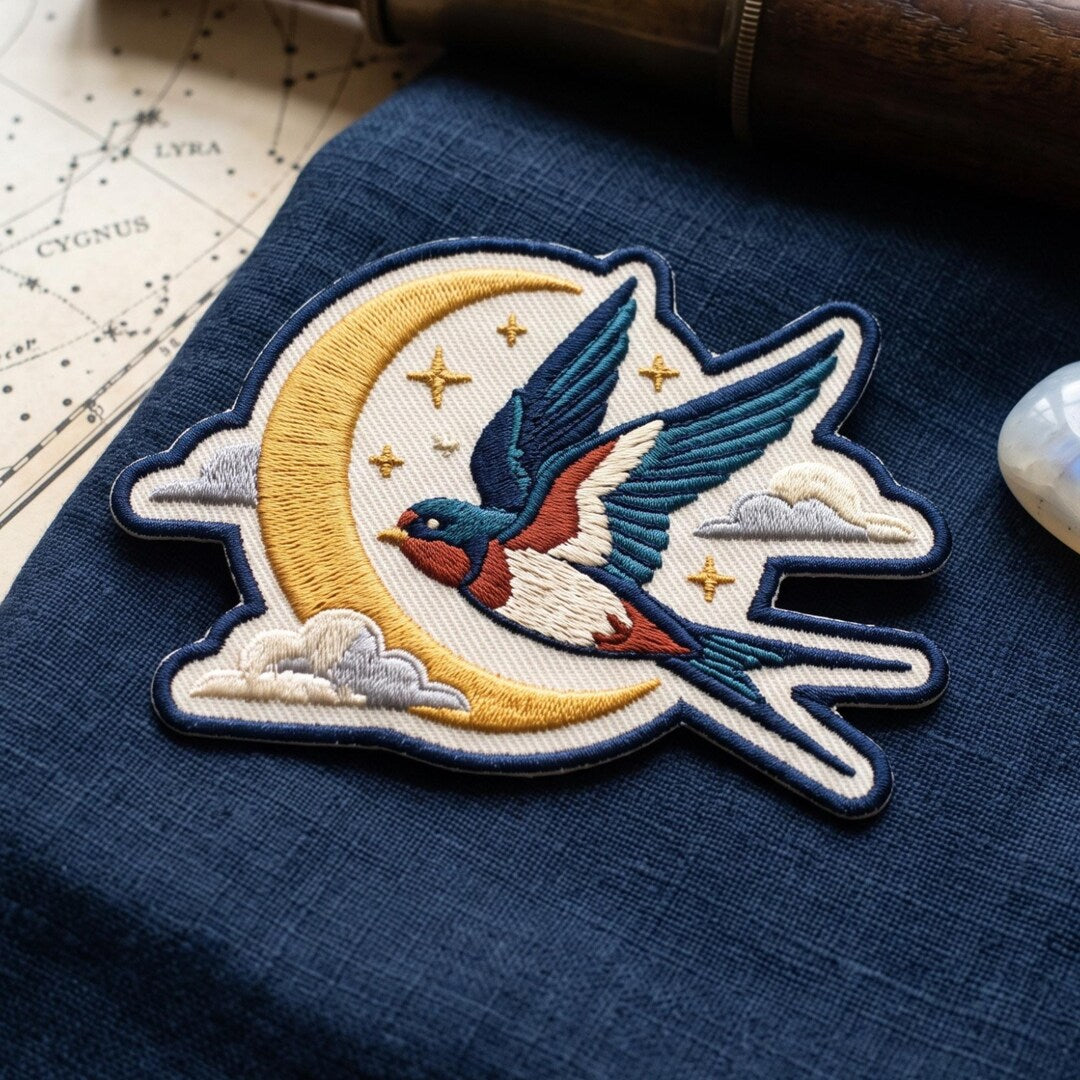Swallow Crescent Moon Stars Clouds Celestial Vintage Iron On Embroidered Patch — Iron-on patch