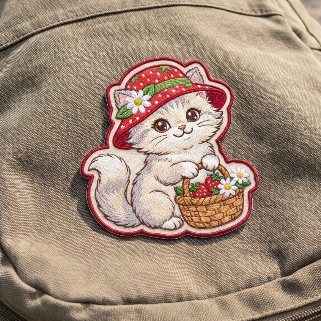 Strawberry Kitten Floral Basket Cottagecore Cat Iron On Embroidered Patch — Iron-on patch