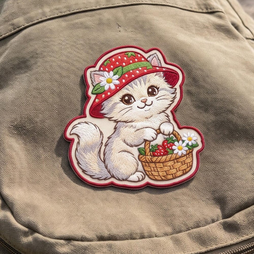Strawberry Kitten Floral Basket Cottagecore Cat Iron On Embroidered Patch — Iron-on patch