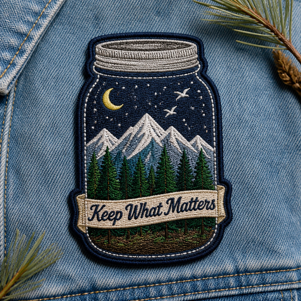 Mason Jar Mountain Scene Keep What Matters Nature Iron On Embroidered Patch — Iron-on patch