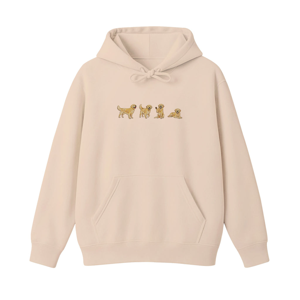 Custom Name Golden Retriever Four Poses embroidered hoodie in Beige — chest embroidery