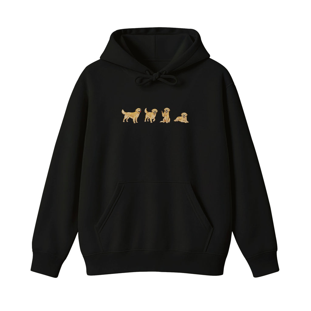 Custom Name Golden Retriever Four Poses embroidered hoodie in Black — front view