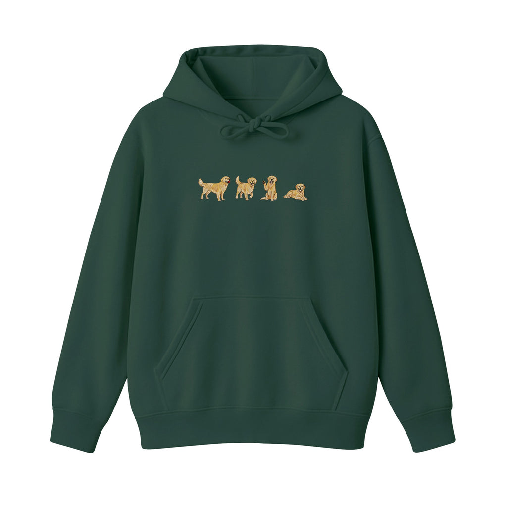 Custom Name Golden Retriever Four Poses embroidered hoodie in Forest Green — chest embroidery