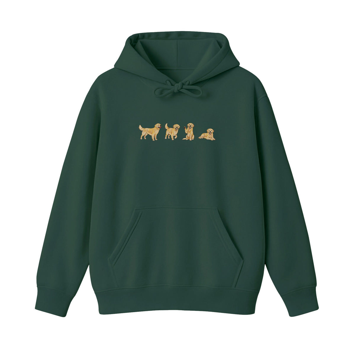 Custom Name Golden Retriever Four Poses embroidered hoodie in Forest Green — chest embroidery