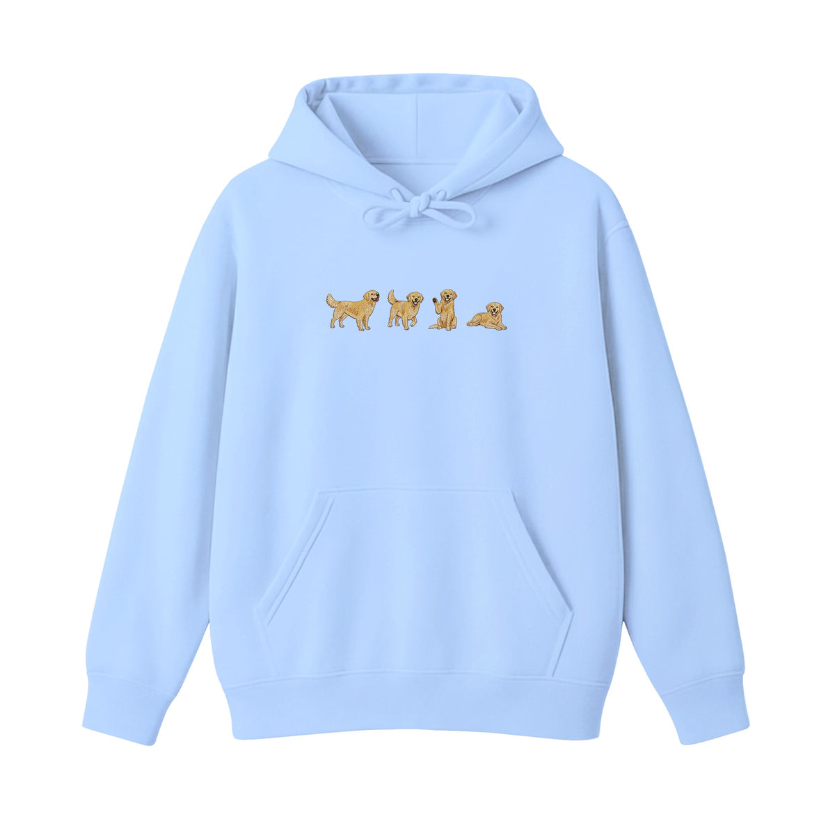 Custom Name Golden Retriever Four Poses embroidered hoodie in Light Blue — chest embroidery