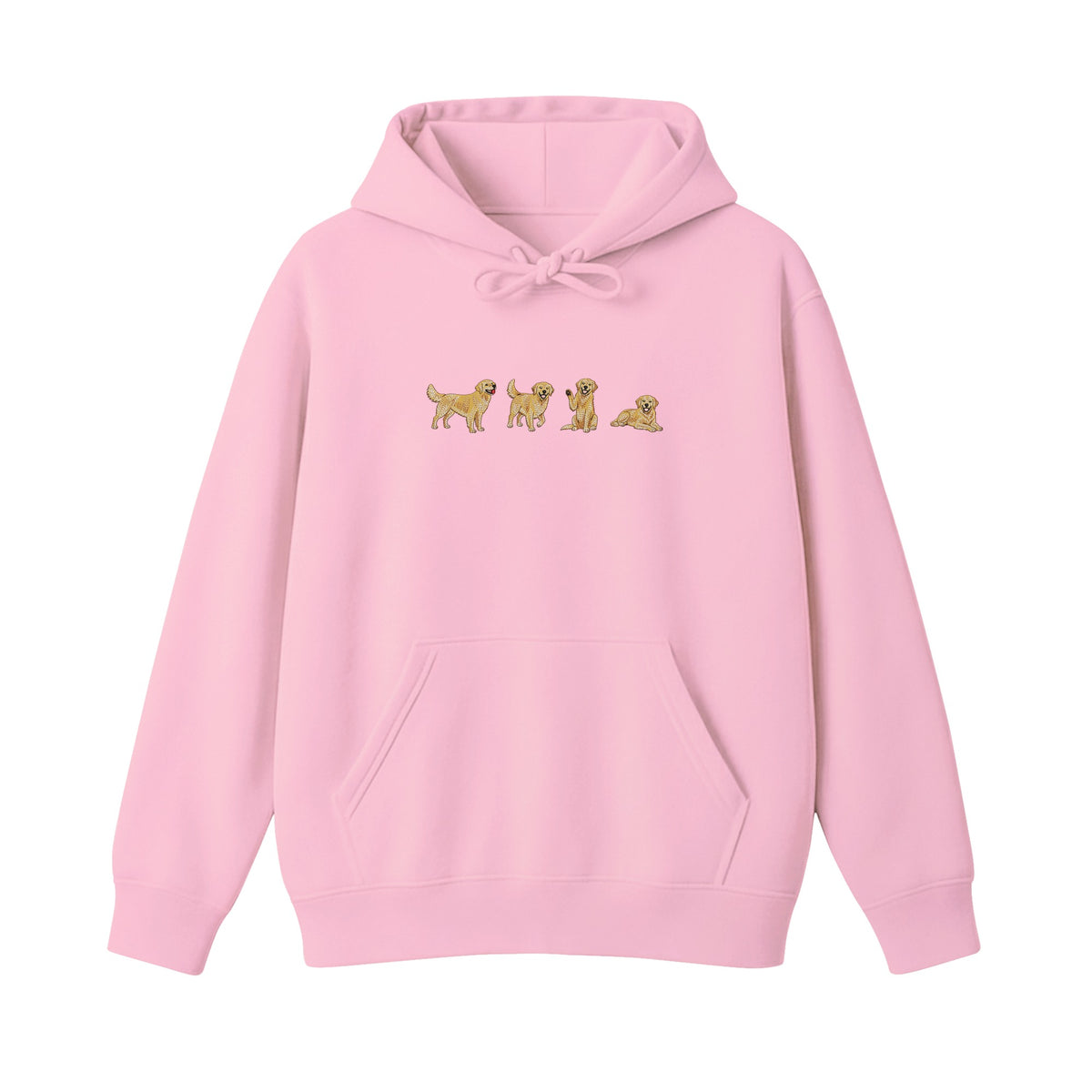 Custom Name Golden Retriever Four Poses embroidered hoodie in Light Pink — chest embroidery