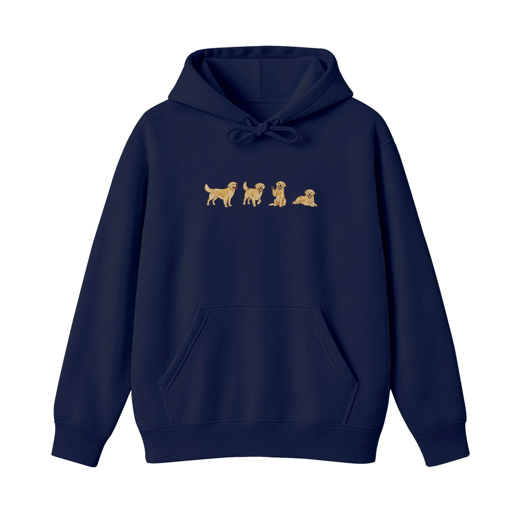 Custom Name Golden Retriever Four Poses embroidered hoodie in Navy — chest embroidery