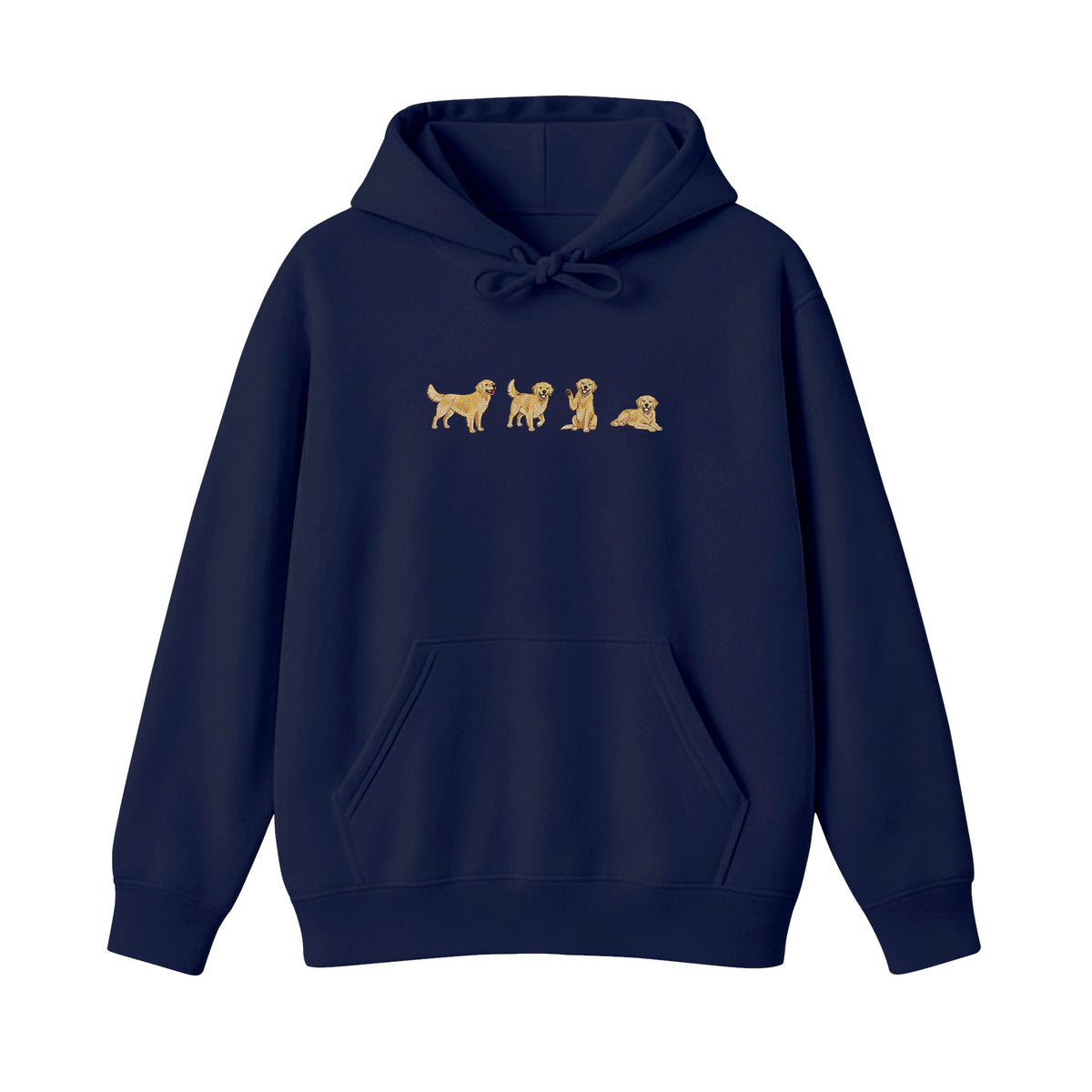 Custom Name Golden Retriever Four Poses embroidered hoodie in Navy — chest embroidery