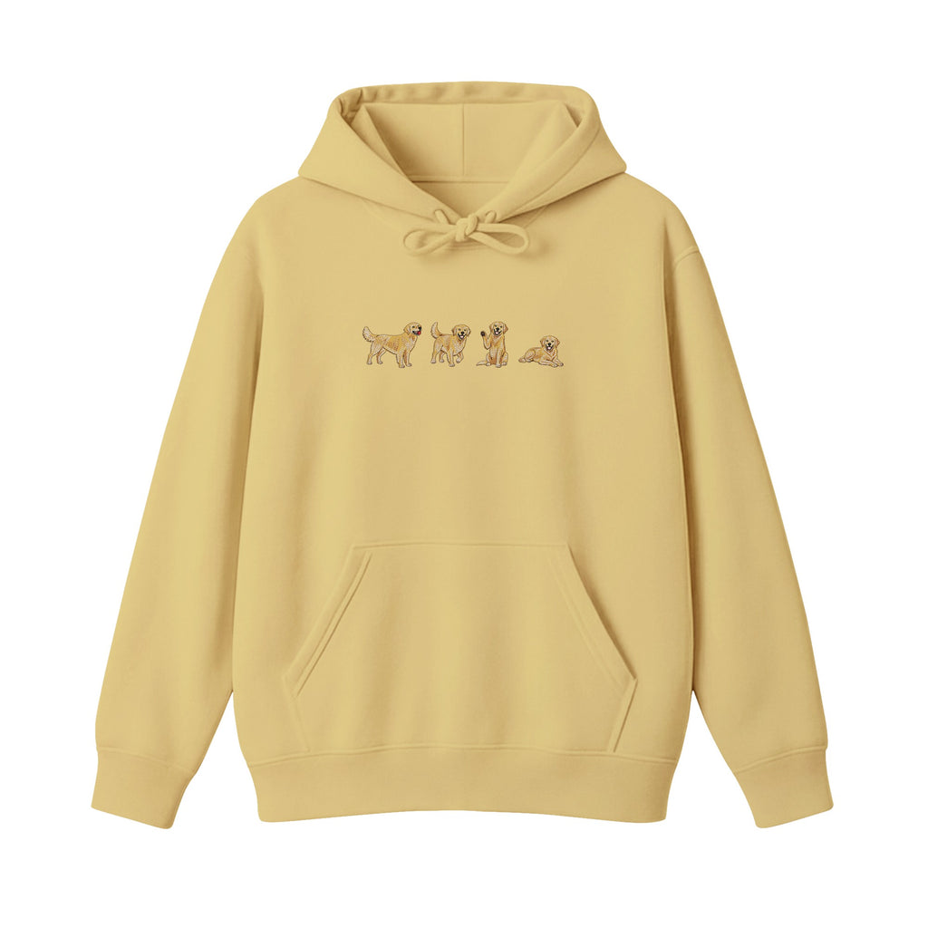 Custom Name Golden Retriever Four Poses embroidered hoodie in Sand — chest embroidery