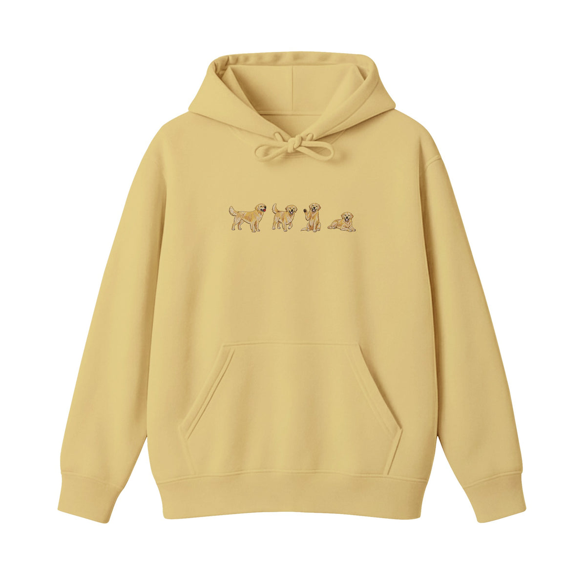 Custom Name Golden Retriever Four Poses embroidered hoodie in Sand — chest embroidery