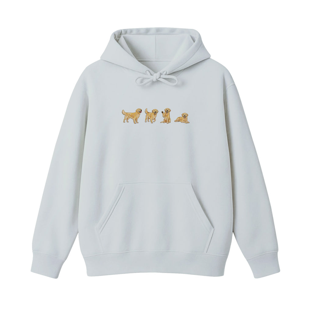 Custom Name Golden Retriever Four Poses embroidered hoodie in Sports Grey — chest embroidery