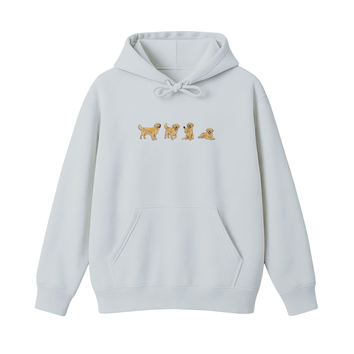 Custom Name Golden Retriever Four Poses embroidered hoodie in Sports Grey — chest embroidery