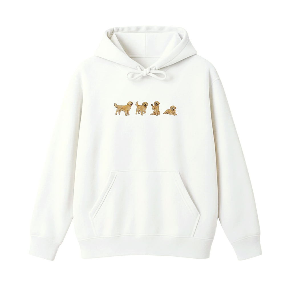 Custom Name Golden Retriever Four Poses embroidered hoodie in White — chest embroidery