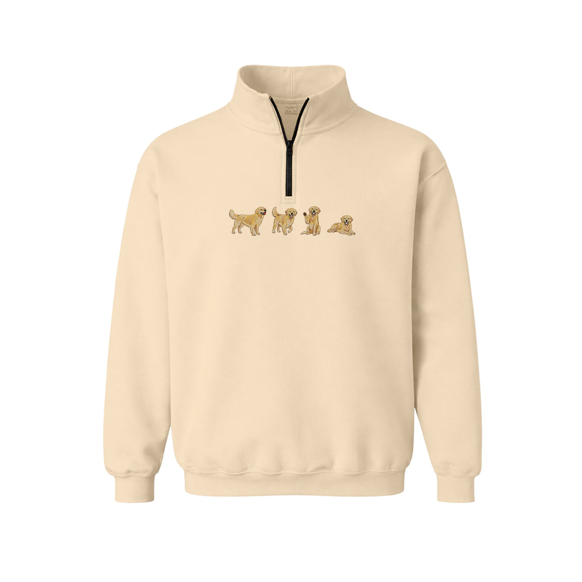 Custom Name Golden Retriever Four Poses embroidered quarter-zip in Beige — chest embroidery