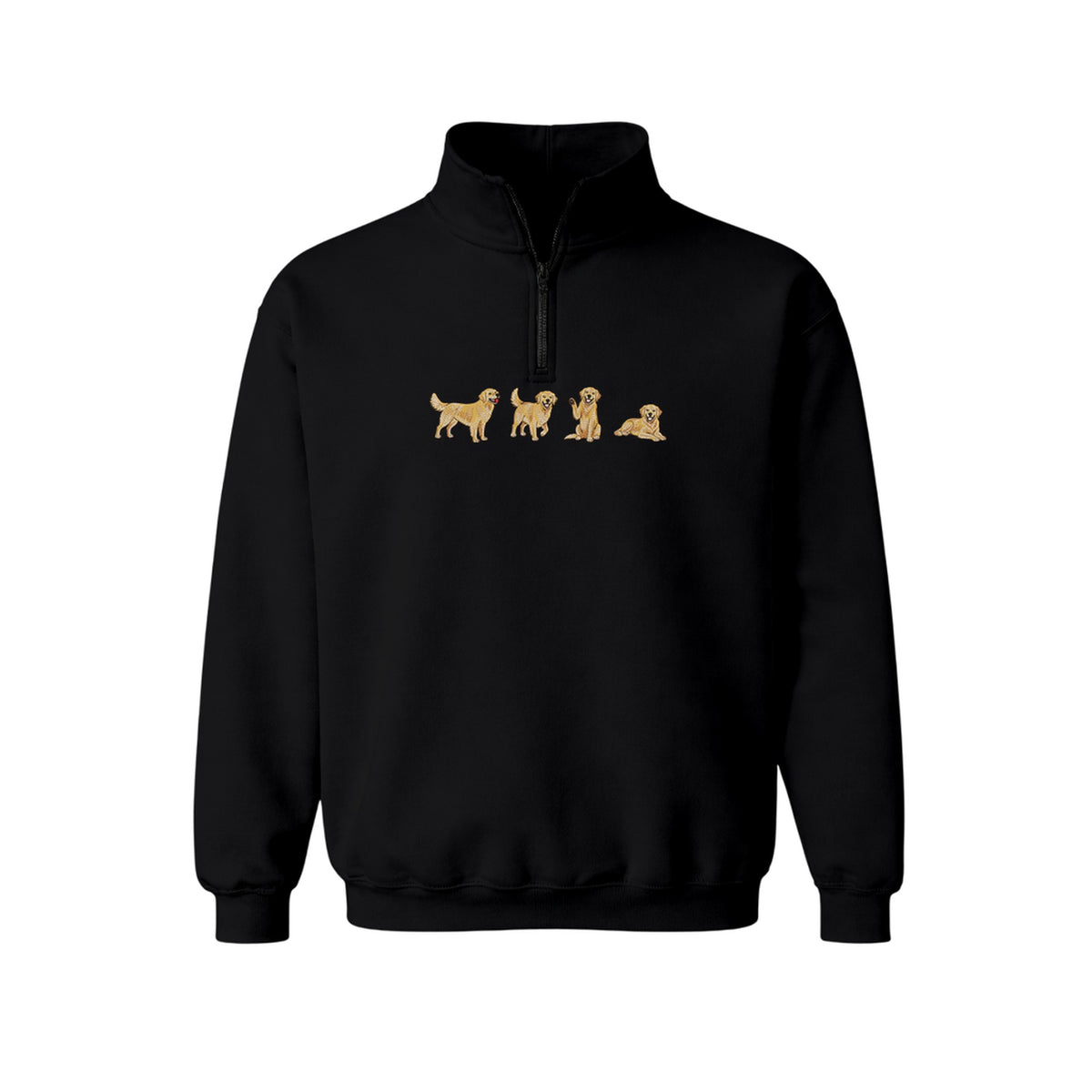 Custom Name Golden Retriever Four Poses embroidered quarter-zip in Black — front view