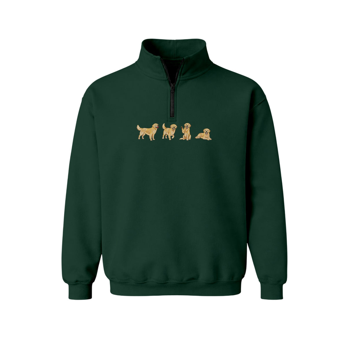 Custom Name Golden Retriever Four Poses embroidered quarter-zip in Forest Green — chest embroidery