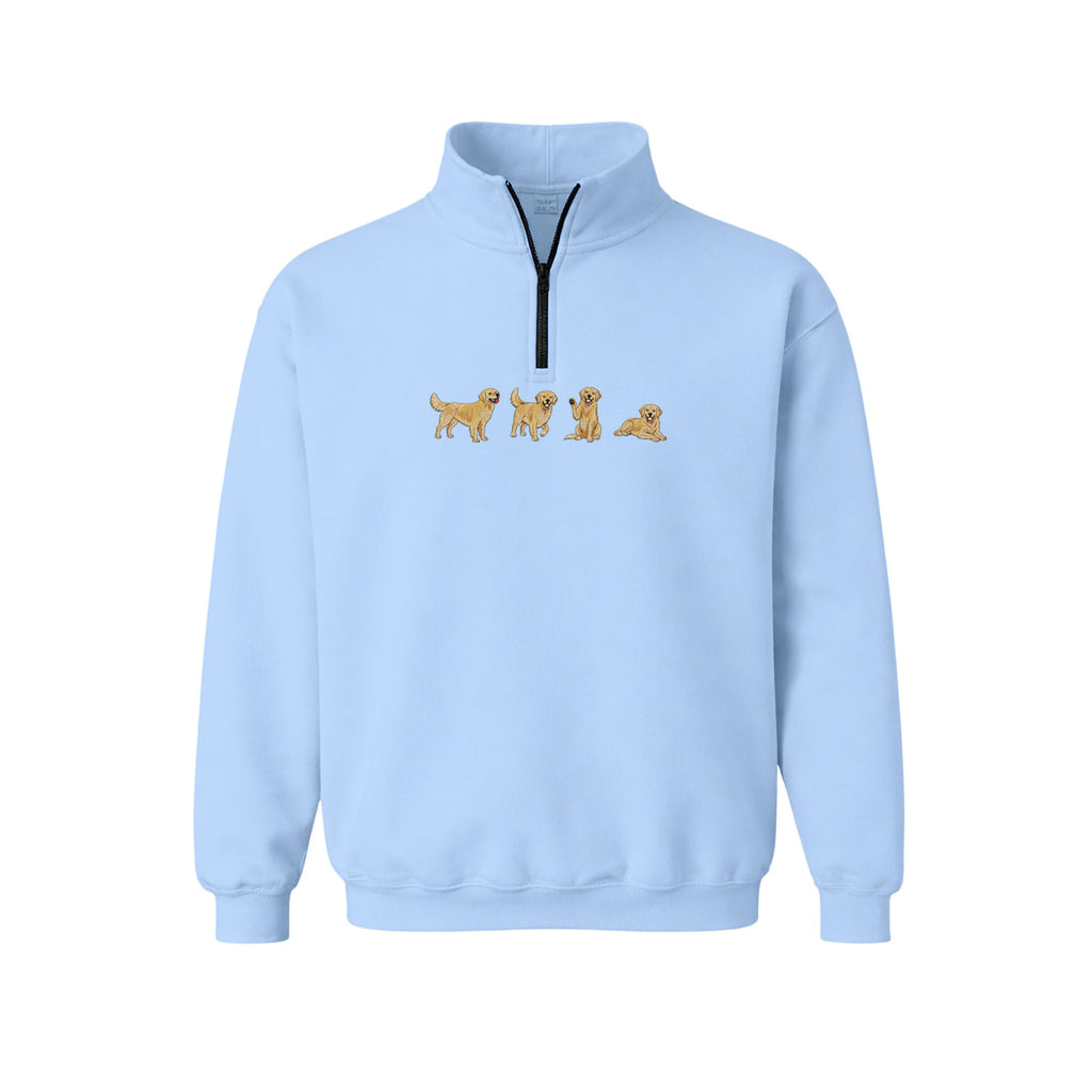 Custom Name Golden Retriever Four Poses embroidered quarter-zip in Light Blue — chest embroidery