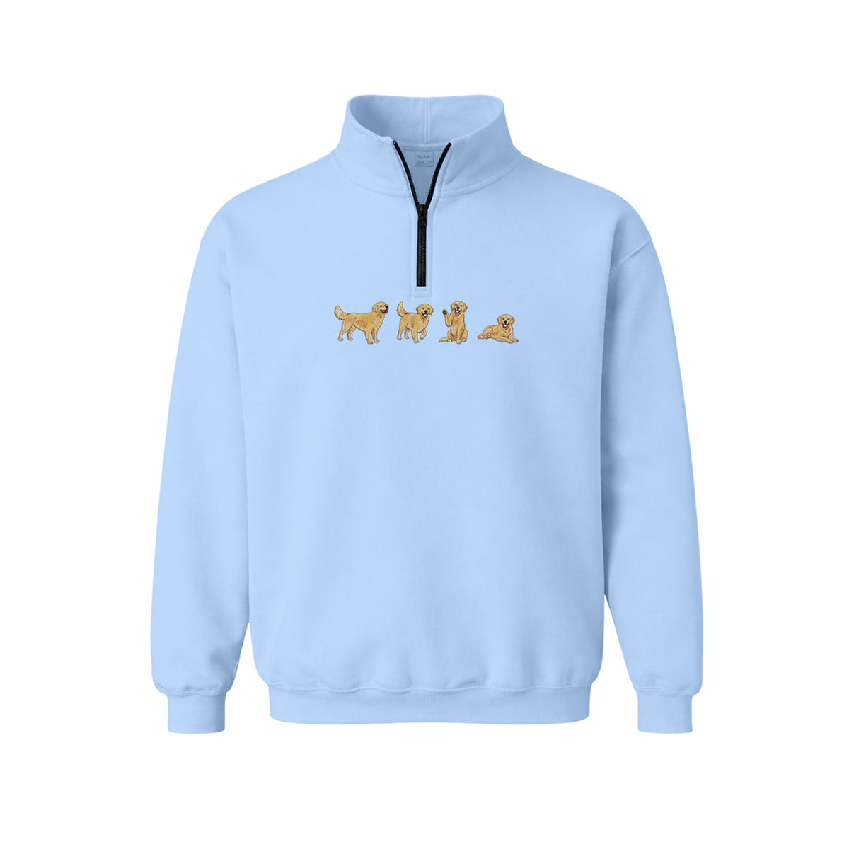 Custom Name Golden Retriever Four Poses embroidered quarter-zip in Light Blue — chest embroidery