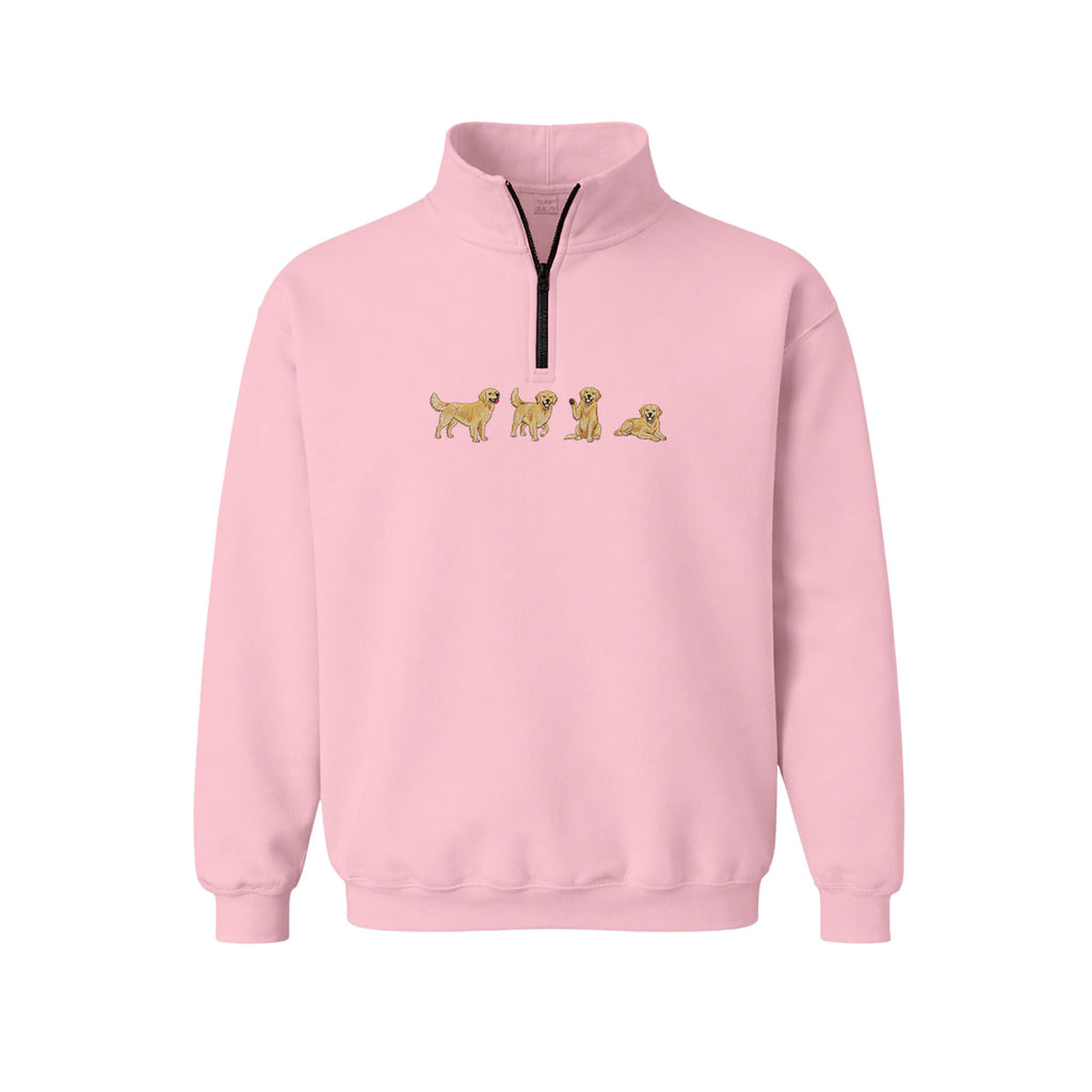 Custom Name Golden Retriever Four Poses embroidered quarter-zip in Light Pink — chest embroidery