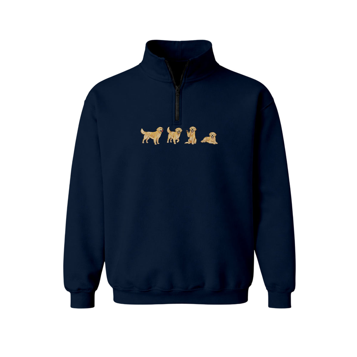 Custom Name Golden Retriever Four Poses embroidered quarter-zip in Navy — chest embroidery