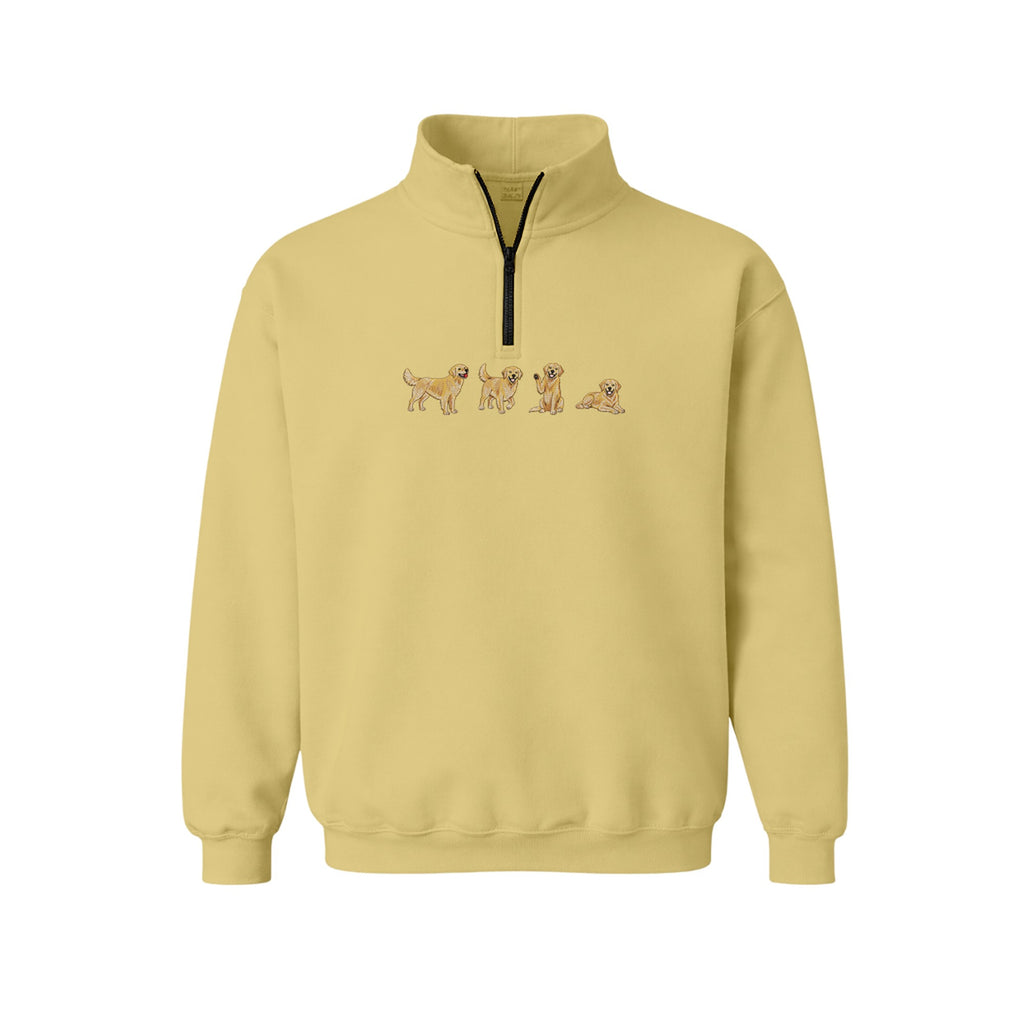 Custom Name Golden Retriever Four Poses embroidered quarter-zip in Sand — chest embroidery