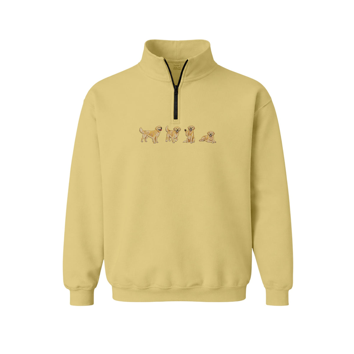 Custom Name Golden Retriever Four Poses embroidered quarter-zip in Sand — chest embroidery