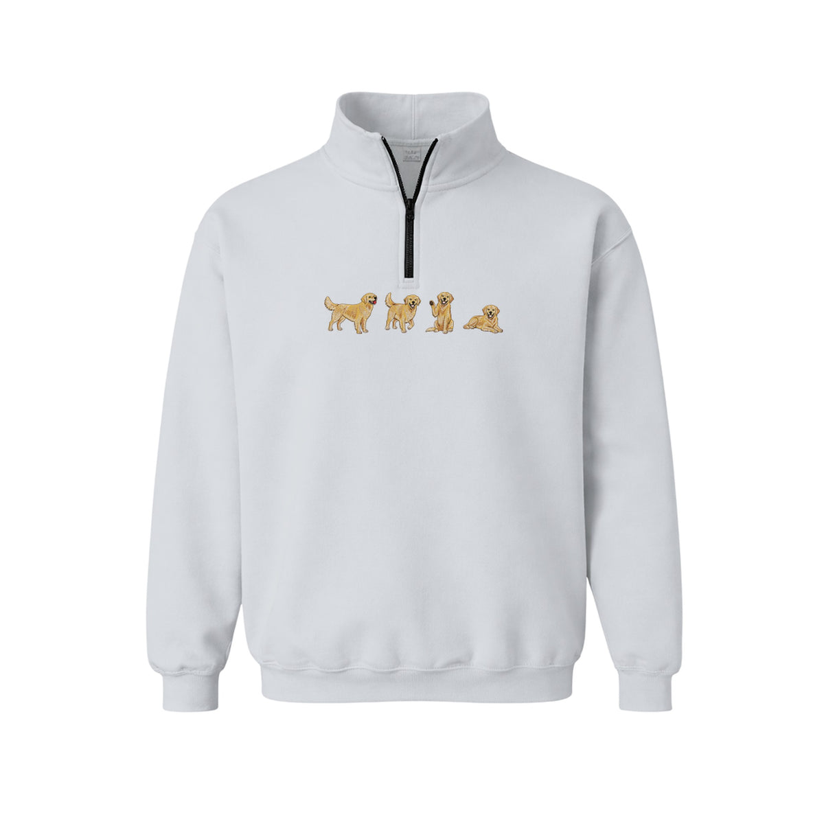 Custom Name Golden Retriever Four Poses embroidered quarter-zip in Sports Grey — chest embroidery