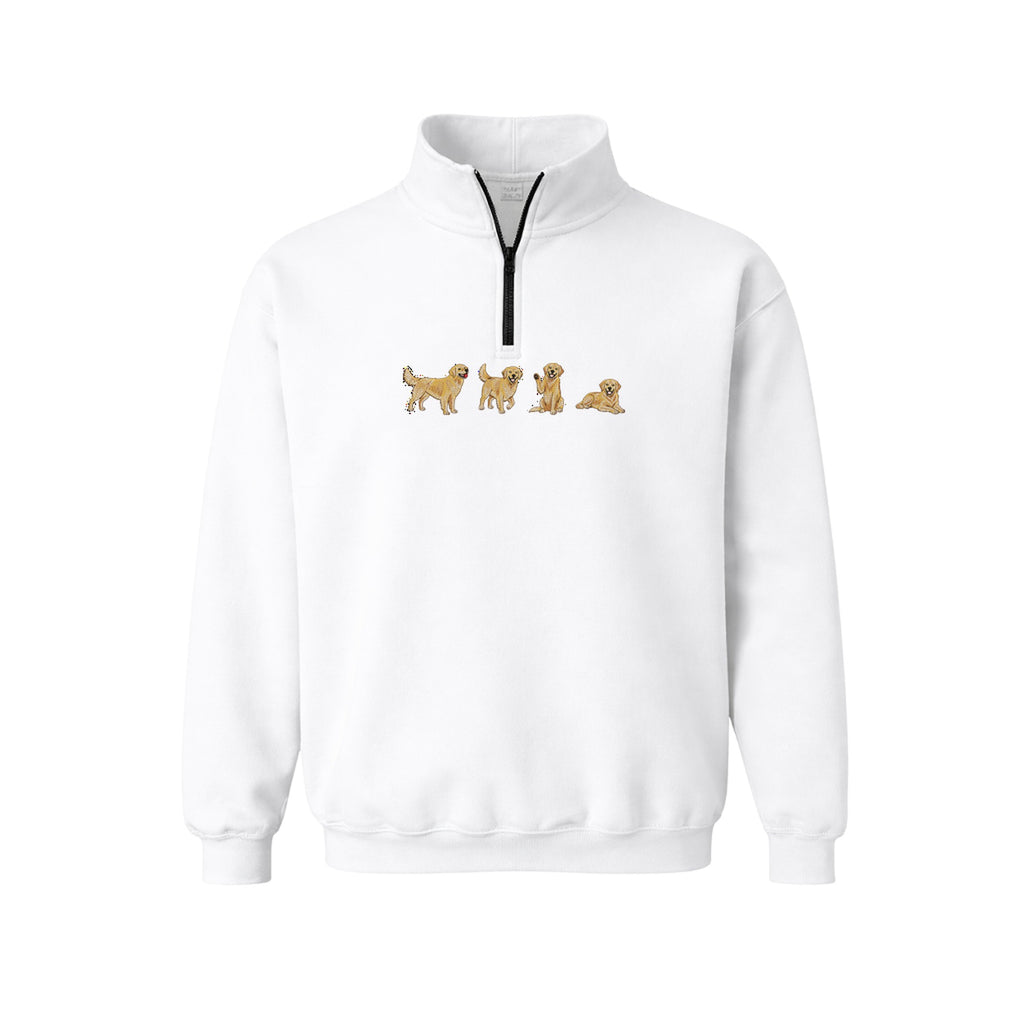Custom Name Golden Retriever Four Poses embroidered quarter-zip in White — chest embroidery