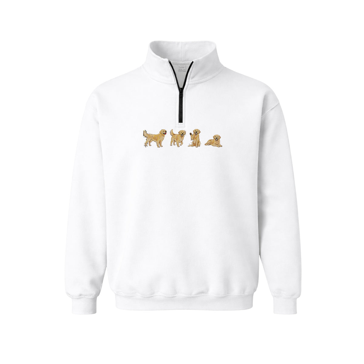 Custom Name Golden Retriever Four Poses embroidered quarter-zip in White — chest embroidery