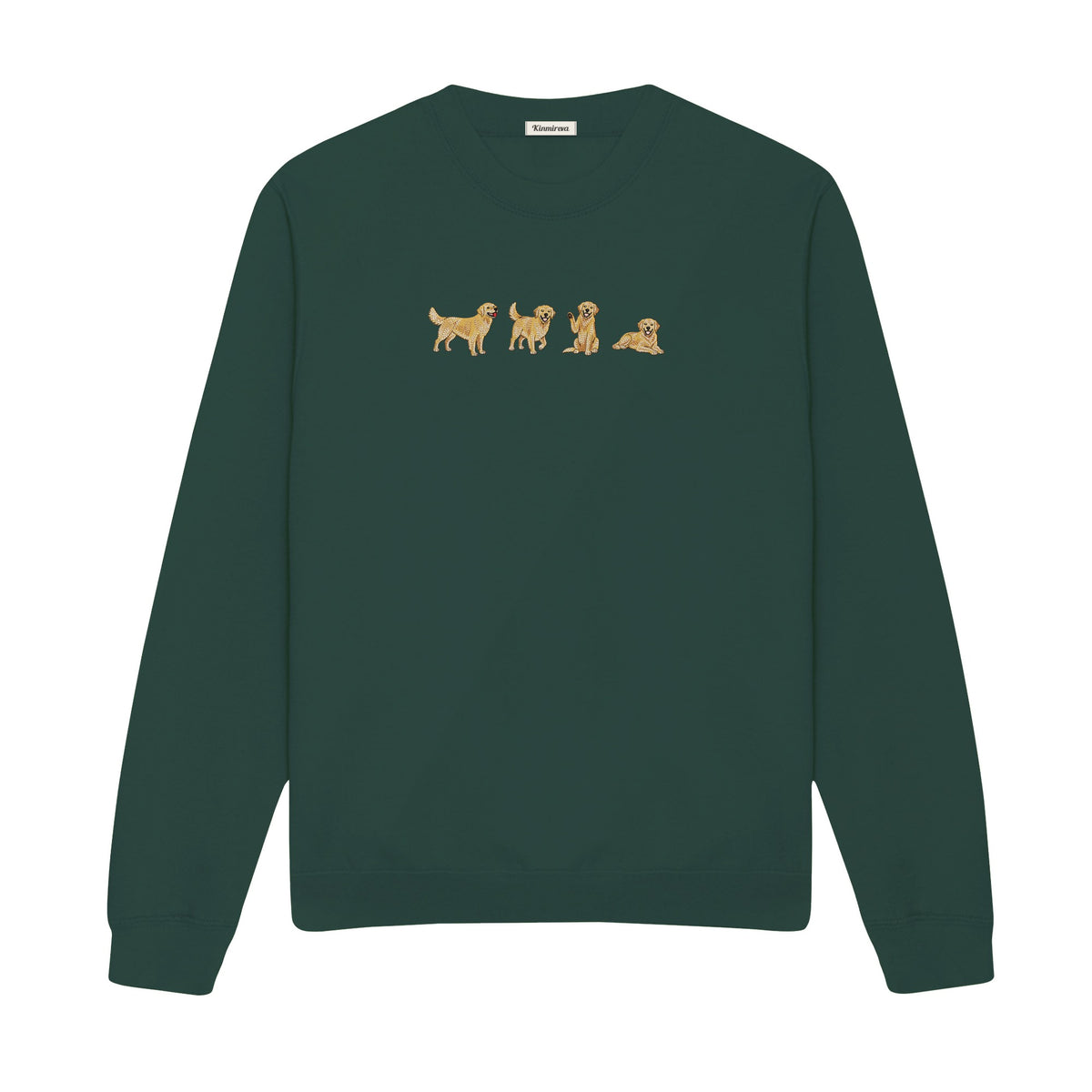 Custom Name Golden Retriever Four Poses embroidered sweatshirt in Forest Green — chest embroidery