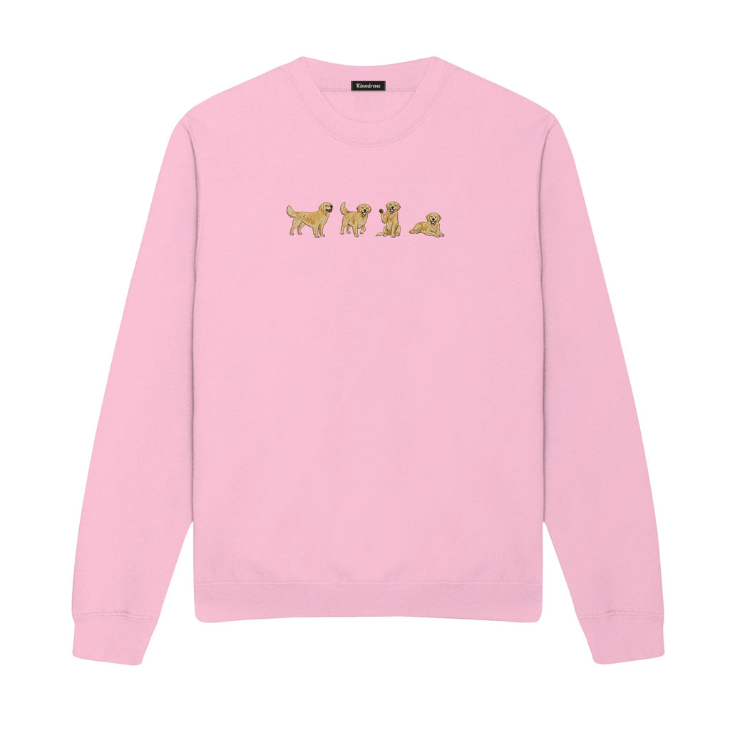 Custom Name Golden Retriever Four Poses embroidered sweatshirt in Light Pink — chest embroidery