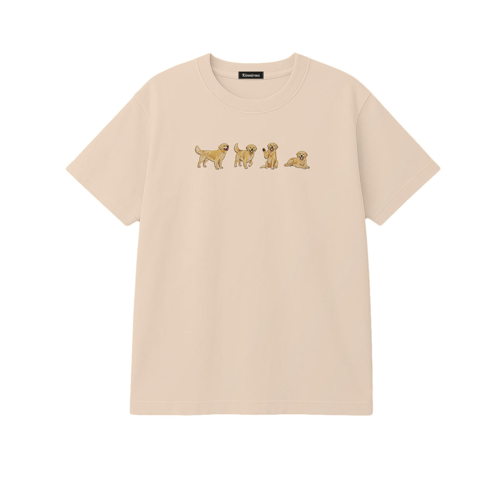 Custom Name Golden Retriever Four Poses embroidered t-shirt in Beige — chest embroidery