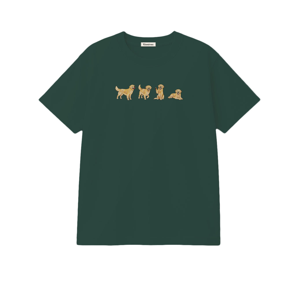 Custom Name Golden Retriever Four Poses embroidered t-shirt in Forest Green — chest embroidery