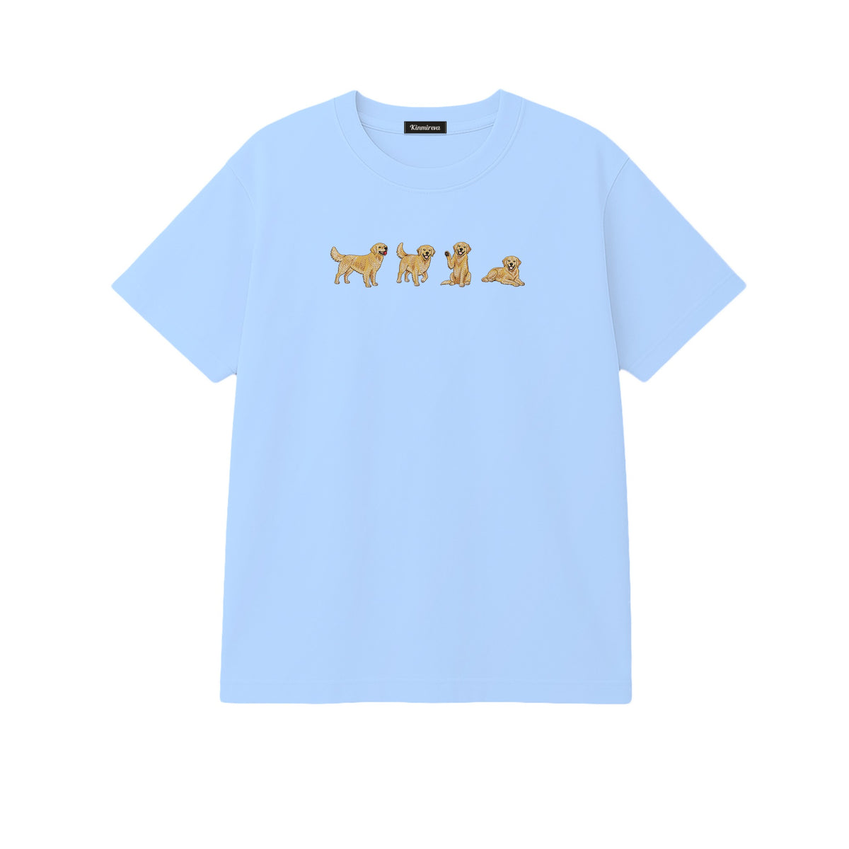 Custom Name Golden Retriever Four Poses embroidered t-shirt in Light Blue — chest embroidery
